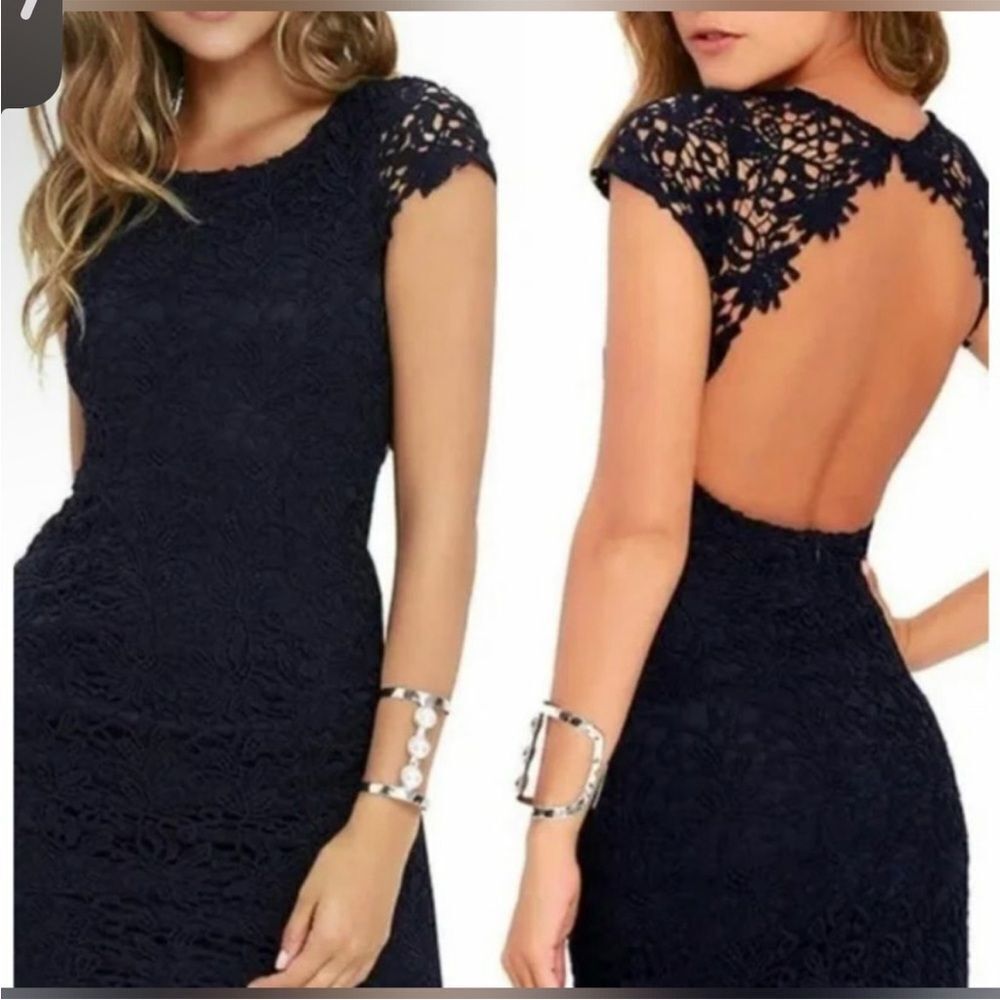 Harper Navy Blue Crochet Lace Open Back Dress Small, Fitted Mini Dress